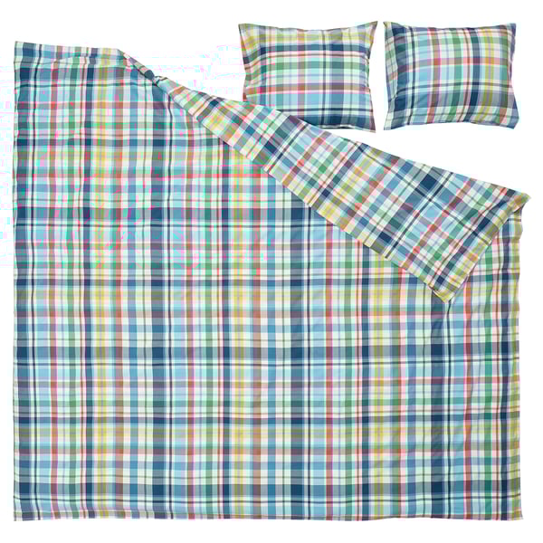 Colorful blue, green, red plaid bedding - duvet, 2 pillows, recycled cotton blend.