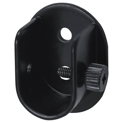 Black steel curtain rod bracket, adjustable, fits near ceiling.