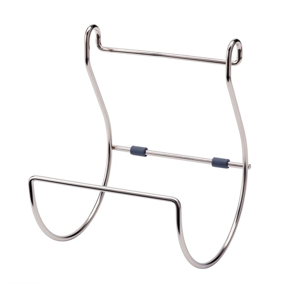 A HULTARP nickel-plated steel paper towel holder with blue caps. Its u-shape design keeps paper towels conveniently within reach.