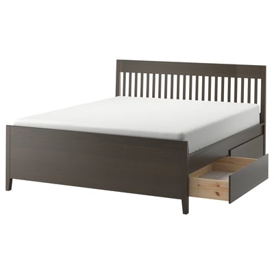 IDANÄS bed: dark brown, wood, rectangular, slatted headboard, storage drawers.