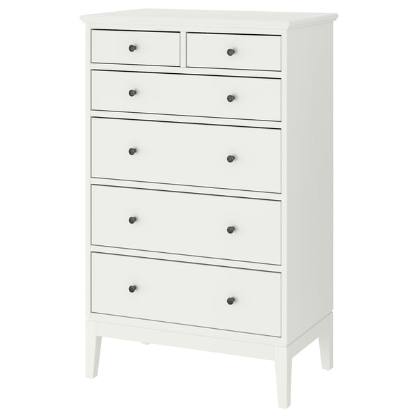 A white IDANÄS high chest of drawers with six drawers. It has a classic design with wooden knobs and slim legs, offering ample storage.