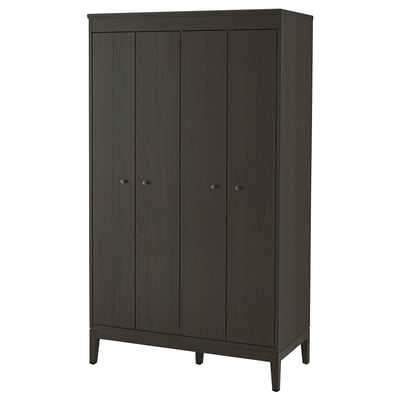 An IDANÄS wardrobe in dark grey, made from wood and honeycomb paper. It has bifold doors, adjustable shelves, and stands on four legs.