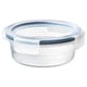 Option: IKEA 365+ clear round plastic food container with snap-lock lid for storing and transporting food.