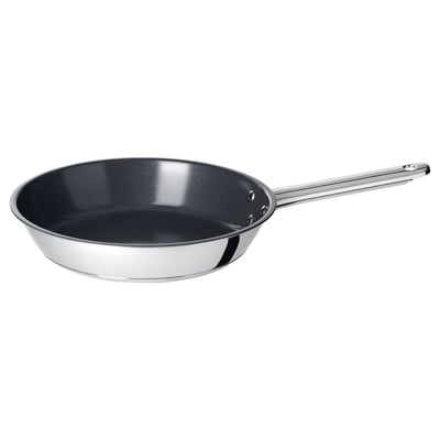 IKEA 365+ pan, black non-stick interior, silver stainless steel exterior, round shape, long handle, suitable for all heat sources.