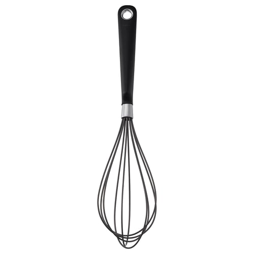 Black silicone ikea whisk with stainless steel wires and a comfortable grip handle for safe kitchen use.