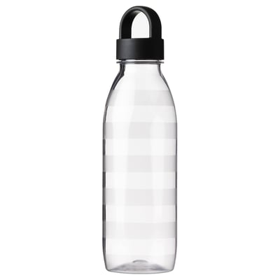 Clear IKEA 365+ water bottle with black lid and handle, rectangular shape, and textured design.