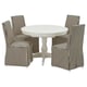 Round white dining table with four striped chairs. Elegant, classic design with modern comfort.