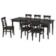 Black rectangular dining table with six matching chairs. Simple, sturdy design with wooden x-back chairs.