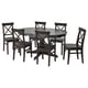 Option: Dark wood round dining table with 6 matching chairs, all featuring x-back design. Ideal for small spaces.