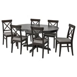 An INGATORP dining set with a dark brown, round, extendable table and six matching chairs with gray cushions.