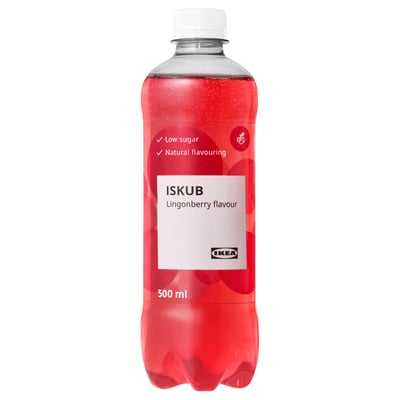 Bottle of ISKUB lingonberry flavored drink. Low sugar, natural flavoring by ikea.