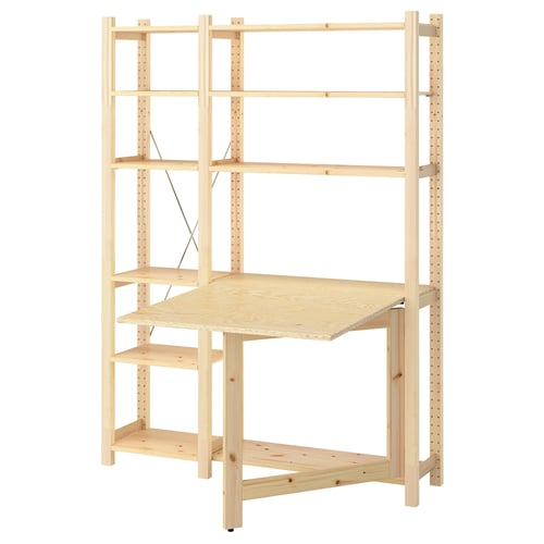 Light wood IVAR shelving unit with foldable desk.