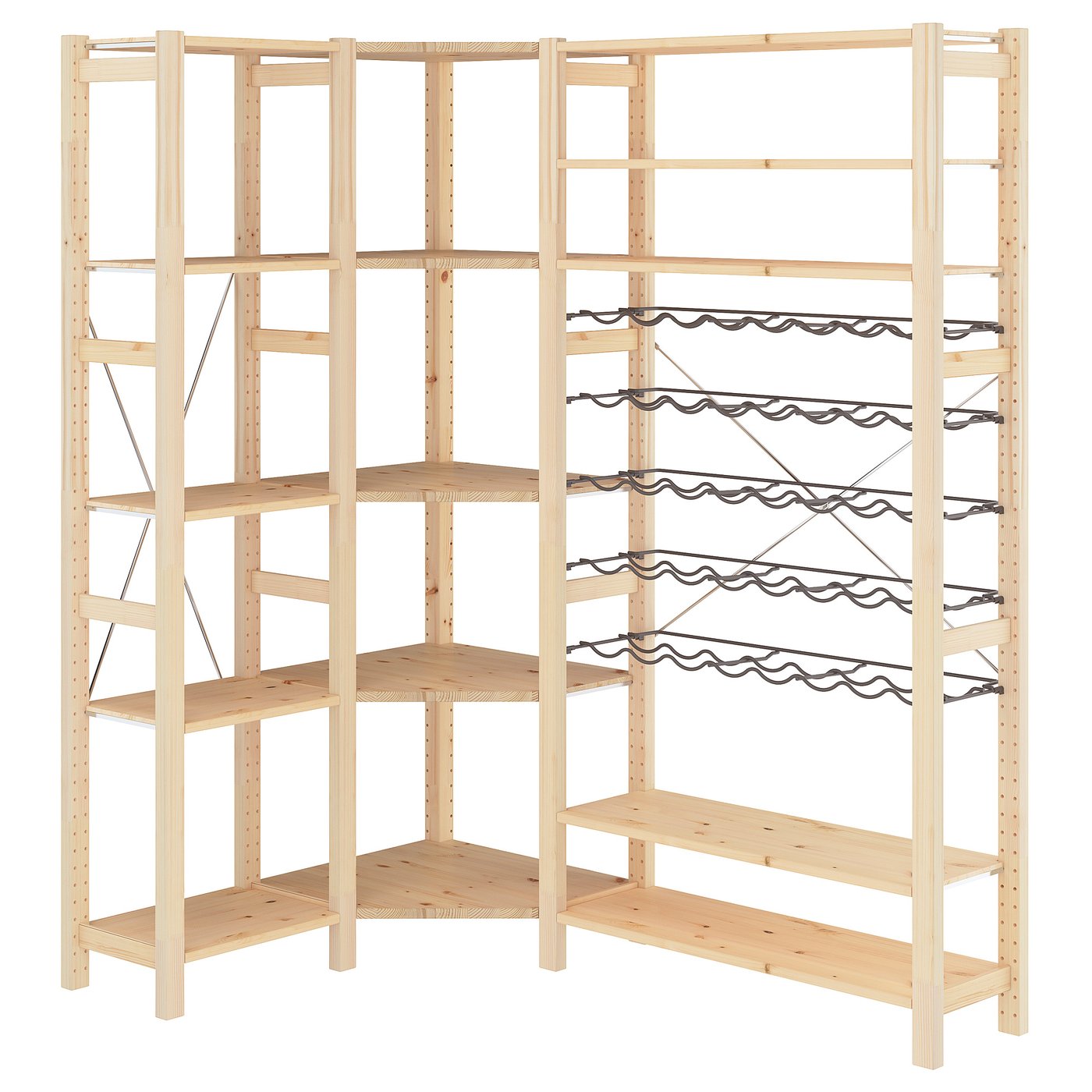 IVAR 3 sections/corner, with bottle racks/pine, 103/144x30x179 cm