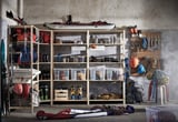 IVAR pine storage shelves hold various outdoor gear, including skis, boots, and helmets; vital for organized, multi-functional space.