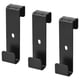 Three black metallic IVAR hooks, rectangular with single-prong design, arranged in a triangular formation, perfect for wall or door hanging.