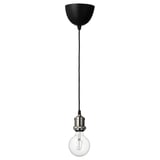 Jallby pendant lamp with black cord, nickel holder, and clear bulb.