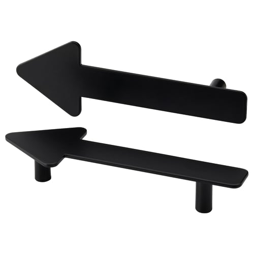 Two black arrow-shaped drawer handles, one horizontal, one vertical. Steel, modern minimalist design.