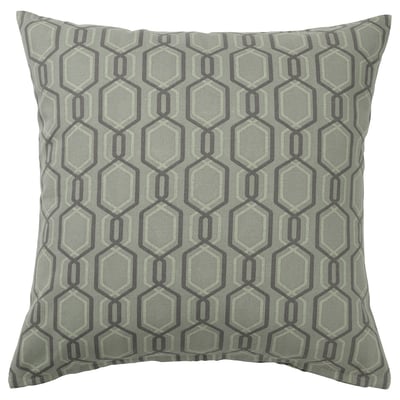 A square throw pillow, named JÄTTEPOPPEL, in grey and white with a green and grey geometric pattern, made of 100% cotton.