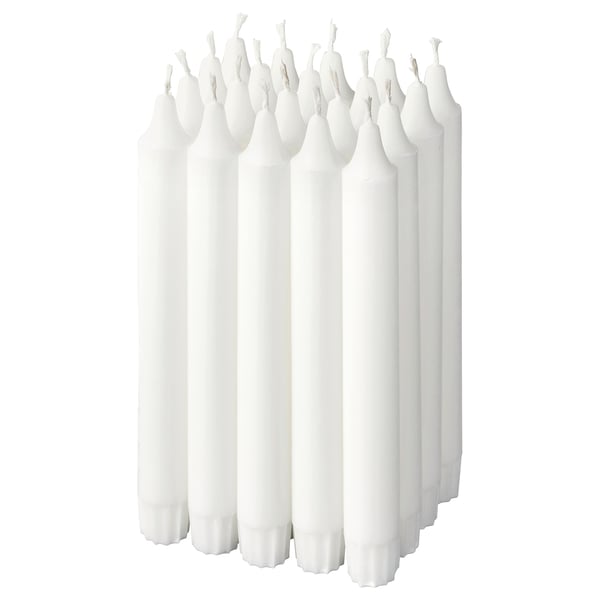 Set of white, cylindrical JUBLA candles of equal size and shape, neatly arranged vertically.