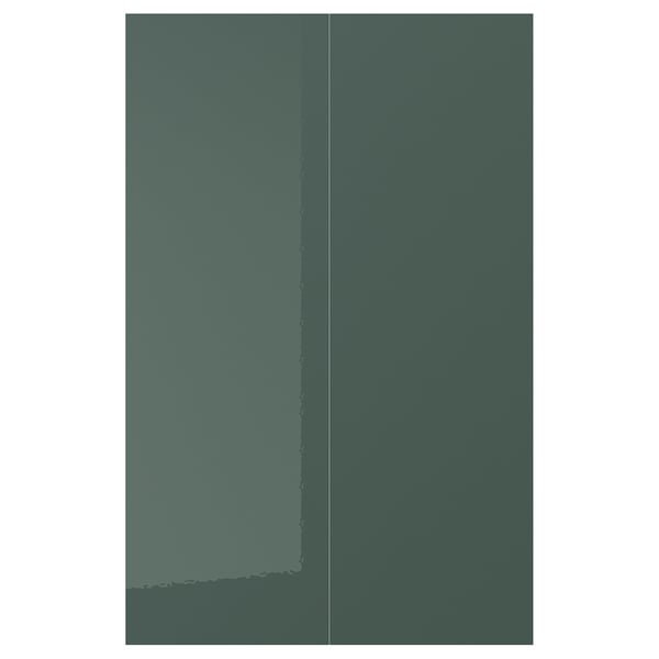 KALLARP high-gloss grey-green kitchen doors, sleek, modern, recycled plastic, straight lines.