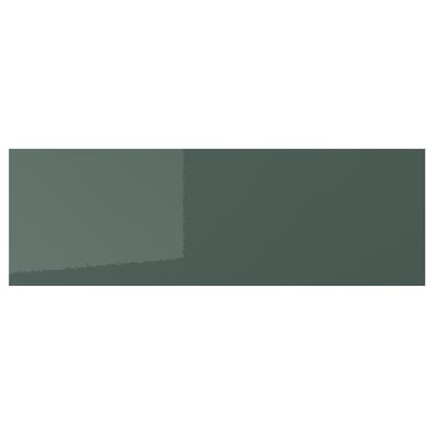 A rectangular, high-gloss drawer front in greenish-grey with sleek, straight lines.