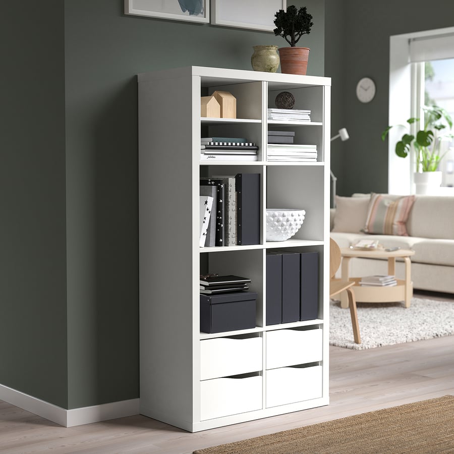 KALLAX shelving unit, with 4 drawers with 2 shelf inserts/wave shaped