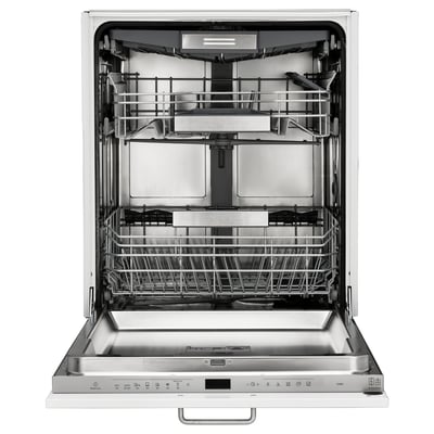 Displays a white KALLBODA dishwasher with its door open, revealing racks for dishes and cutlery.