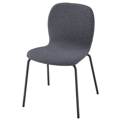 KARLPETTER: gray fabric chair with sleek, metal legs.