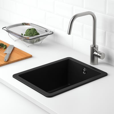 Black KILSVIKEN quartz sink, single bowl, modern design with stainless drain.