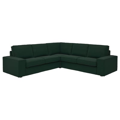 Dark green KIVIK sectional sofa; modern, low-profile, l-shape design with plush cushions.