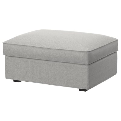 KIVIK footstool in grey fabric, rectangular with black legs, soft and machine washable cover.