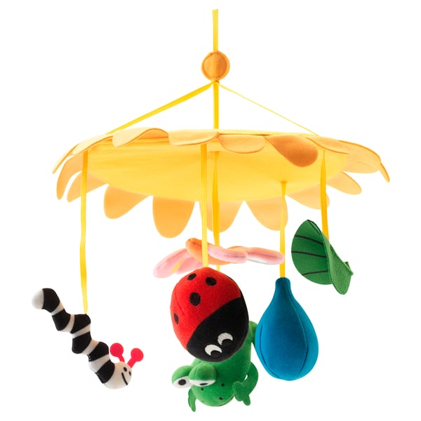 KLAPPA colorful baby mobile, featuring red ladybug, green caterpillar, and blue leaf. Bright yellow daisy backdrop. Soft fabric materials.