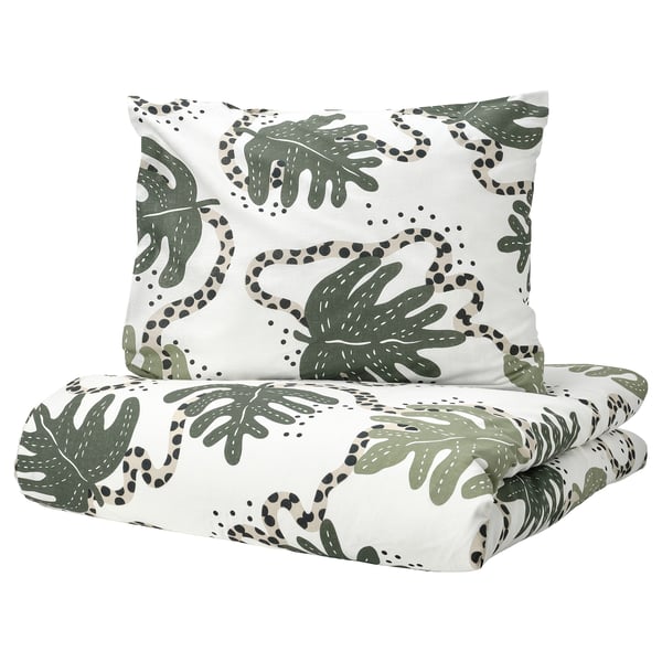 KLÄTTERKALLA Duvet cover and 2 pillowcases, white/green, 200x200/60x70