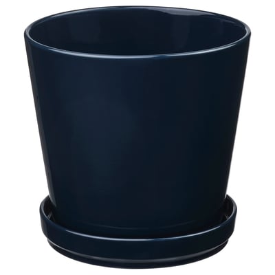 Round blue ceramic planter & saucer, modern.