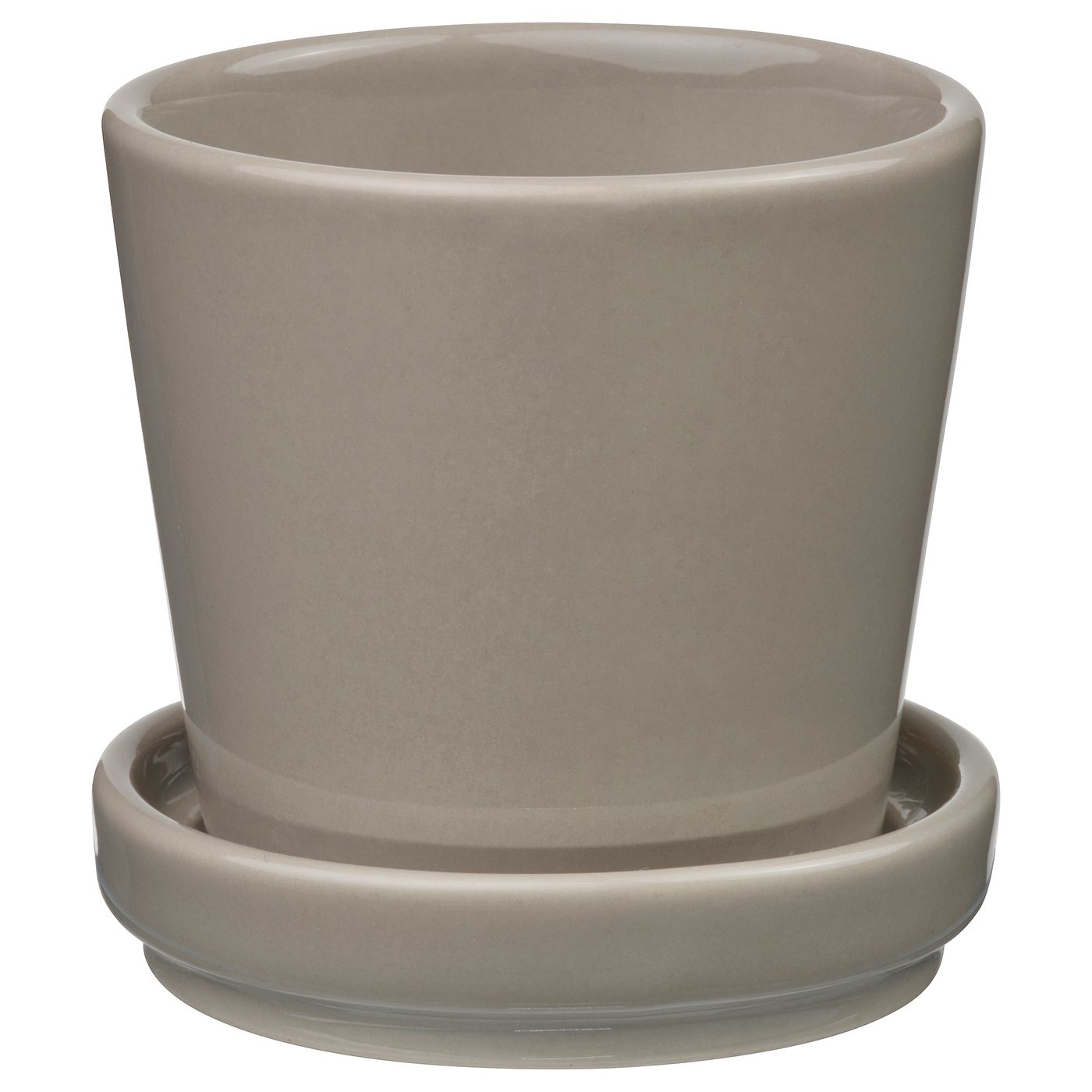 KLOTLÖNN planter in grey, cylindrical shape with matching saucer, made of stoneware, simple modern design.