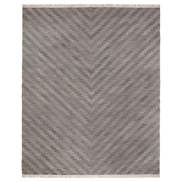KNAPPHIRS gray wool-cotton rug, rectangle with fringe, geometric pattern.