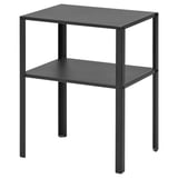 A black KNARREVIK side table with a sleek, modern design. Its rectangular, made of steel, and has two shelves for storage.