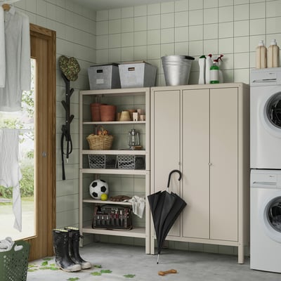 KOLBJÖRN Shelving unit with cabinet, beige/outdoor indoor, 171x37x161 cm