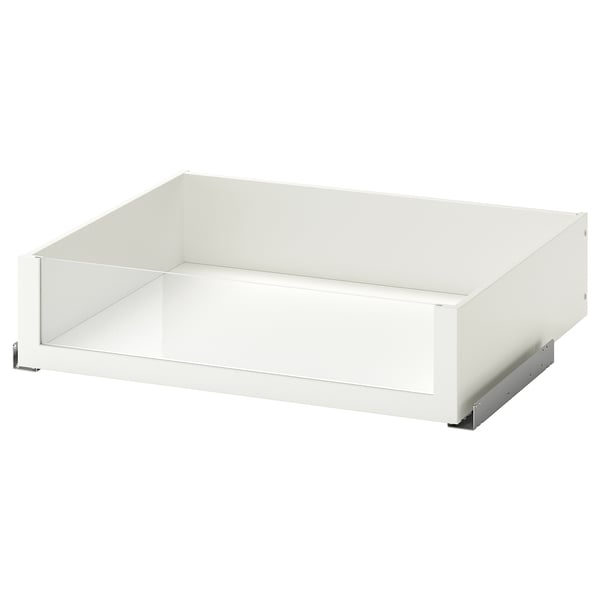 A white KOMPLEMENT drawer with a glass front, ideal for wardrobes. Its sleek design offers an overview of contents and closes softly.