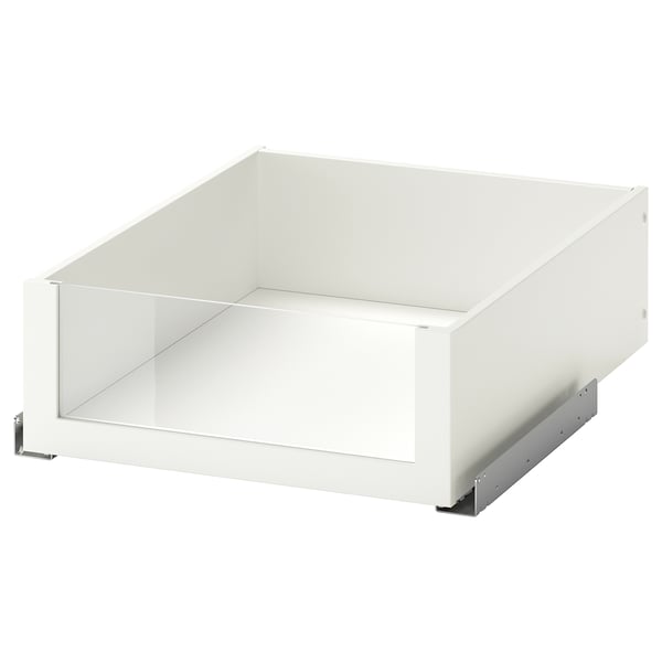 A white KOMPLEMENT drawer with a glass front, featuring a sleek modern design for easy storage access, supported by metallic runners.