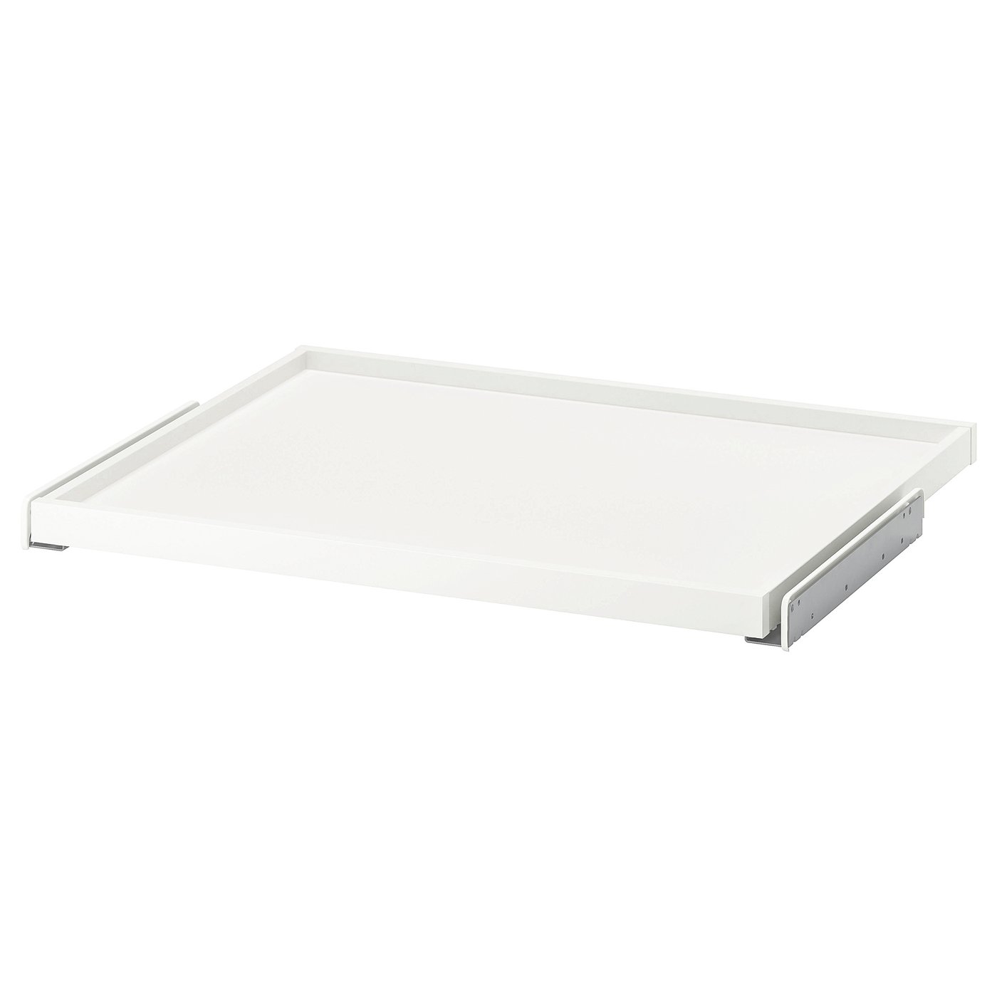 White KOMPLEMENT pull-out tray, rectangular, sleek design, metallic edges, ideal for wardrobe storage.
