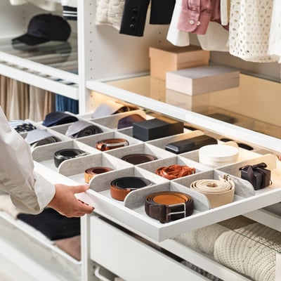 KOMPLEMENT pull-out organizer; gray, fabric-lined compartments, rectangular, neatly divides items.