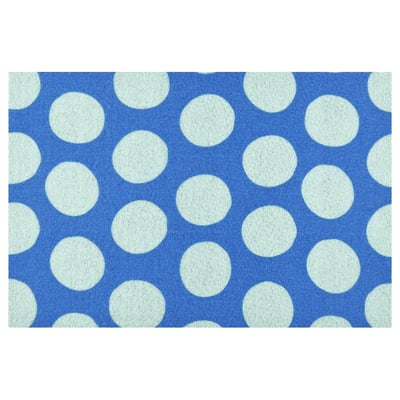 A blue KÖRFÄLTSPIL door mat with white polka dots, featuring a textured surface and rounded dots.