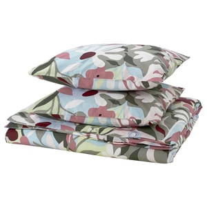 KORSKOVALL bedding set in pastel floral print, soft cotton/viscose blend, folded neatly.