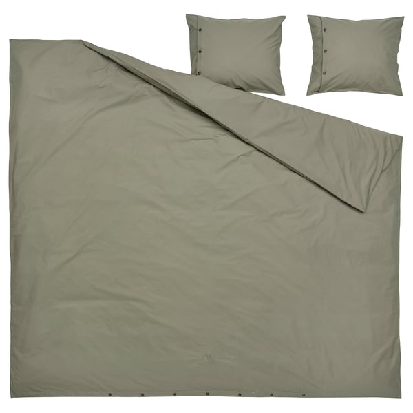 KRÅKRISMOTT duvet set, light green, cotton-blend, rectangle with buttoned pillows.
