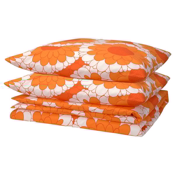 KRANSMALVA duvet cover set; orange; floral design; folded rectangle; 80% cotton, 20% viscose/rayon.