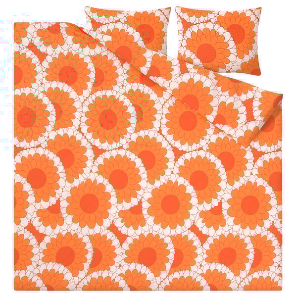 KRANSMALVA duvet set: bright orange flower pattern on white, made from 80% cotton, 20% viscose/rayon.