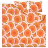 KRANSMALVA duvet set: bright orange flower pattern on white, made from 80% cotton, 20% viscose/rayon.