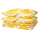 Displays a folded KRANSMALVA duvet cover set in yellow with large sunflower patterns, featuring cotton and viscose fabric.