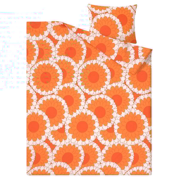 An orange KRANSMALVA duvet cover and pillowcase with a large floral design. Made from cotton and viscose.